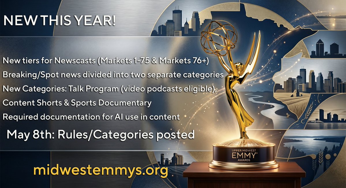 MidwestEmmys's tweet photo. NEW rules, NEW categories and now MORE reasons than ever to submit your best work to the @MidwestEmmys. Last chance for judging discounts. Visit https://t.co/q47eBo8QDl for more. https://t.co/nnexutPfTt
