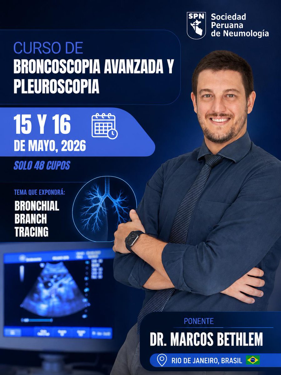 PeruSpn's tweet photo. 🇧🇷 ¡Ponente Internacional desde Brasil! 🔬🫁
📌 Tema a exponer: Bronchial branch tracing.
⚠️ Recuerda: Solo hay 48 cupos disponibles. 

📲 Separa tu vacante de inmediato pagando aquí:
https://t.co/f9JaThYueq https://t.co/7FyixG7STt