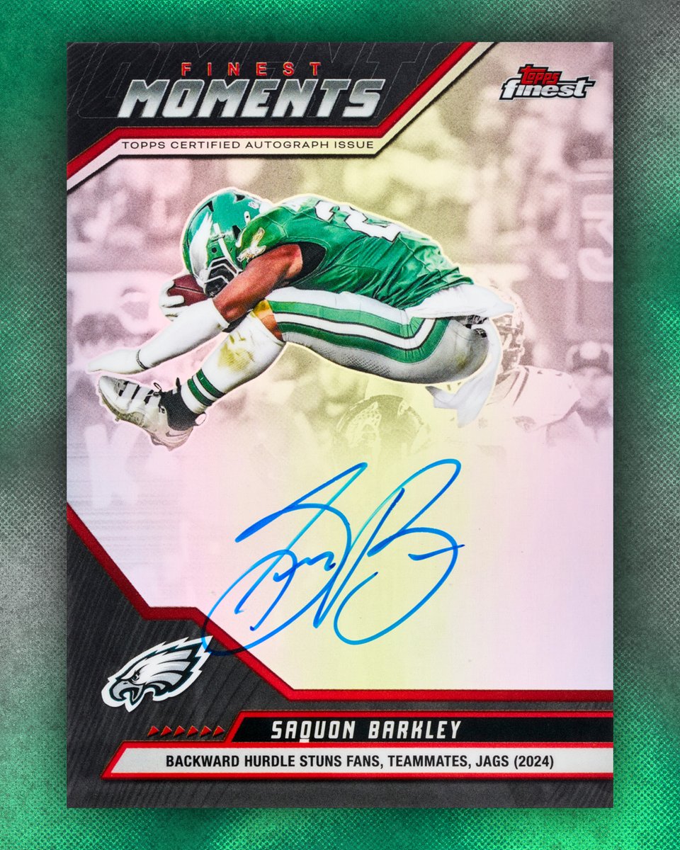 Topps's tweet photo. Saquon Barkley autographed a card of his legendary hurdle... Arriving in Topps Finest Football 🔥 https://t.co/rXW9JxzyN1