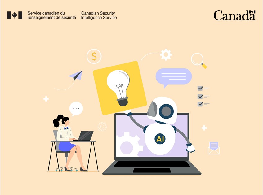 Un ordinateur portable avec un robot IA sortant de l'écran, tenant une ampoule, et une femme assise à un bureau.