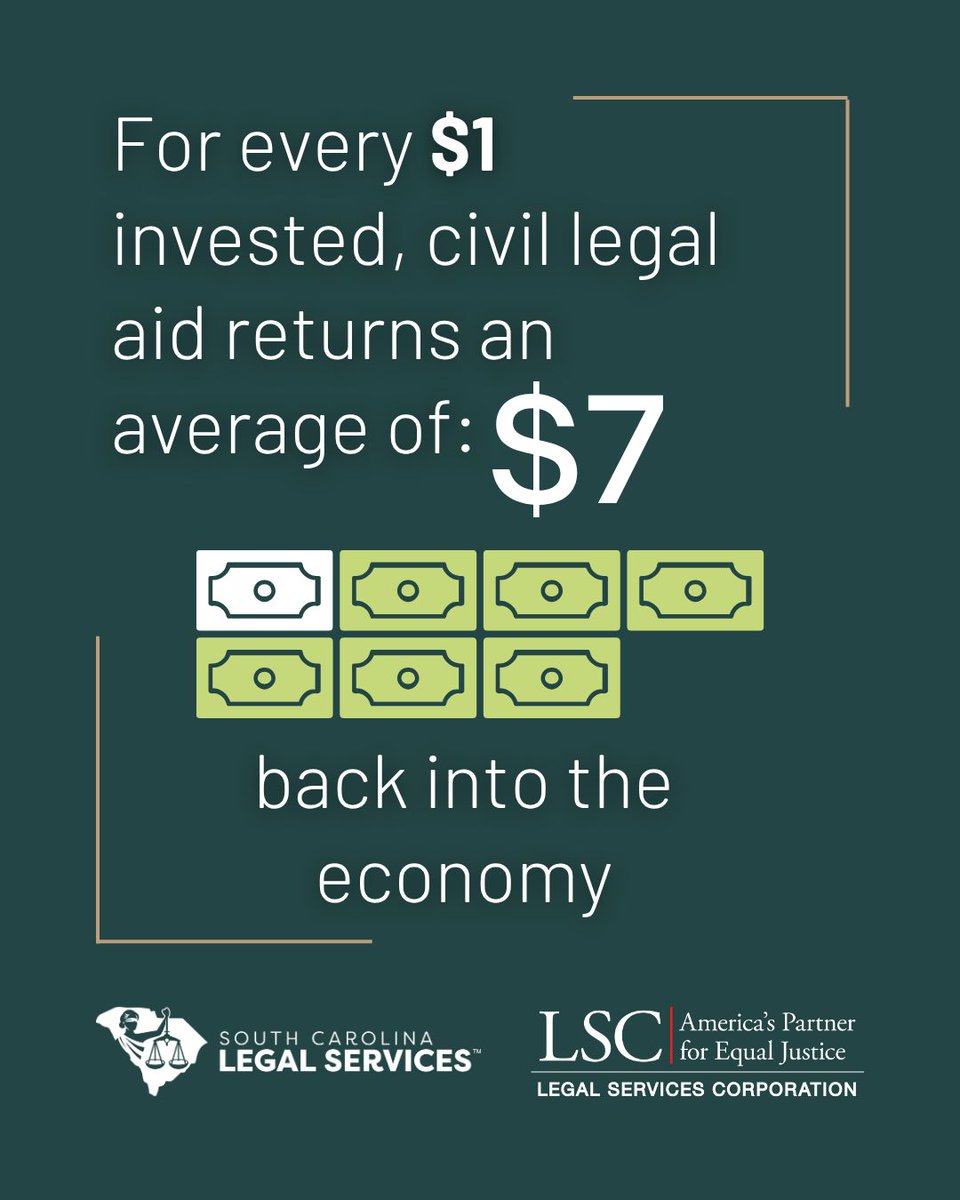 Legal aid organizations like South Carolina Legal Services are a powerful force in restoring economic stability and productivity for low-income individuals and their communities by addressing civil legal issues. (1/3)

#LSCMatters