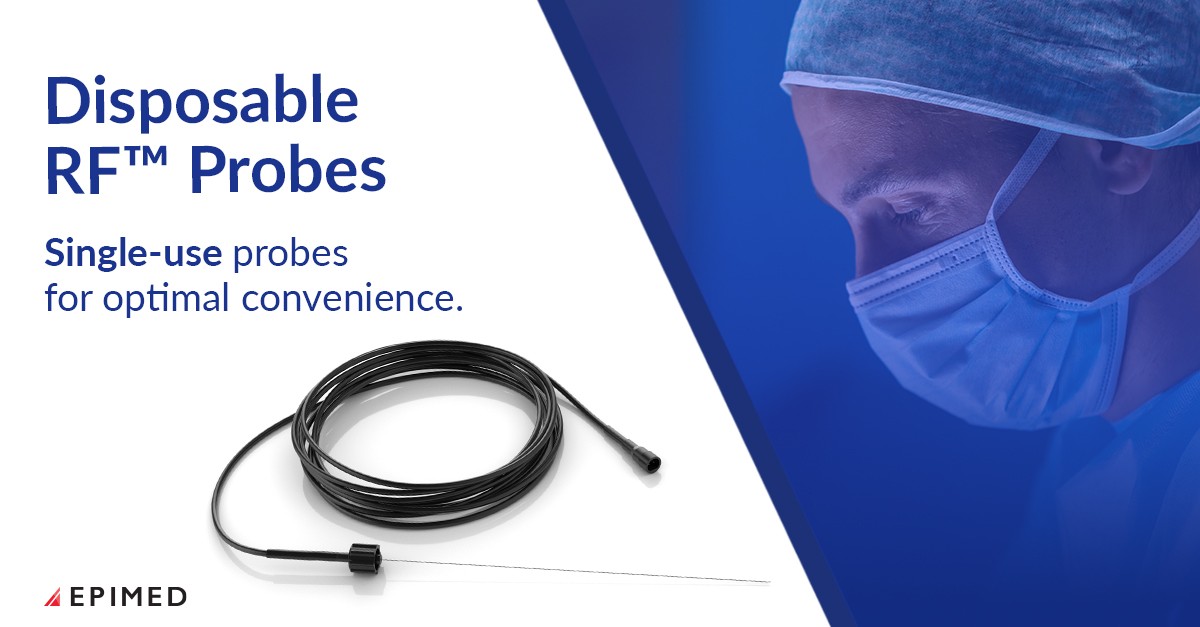 EpimedPain's tweet photo. Epimed Disposable RF™ Probes eliminate sterilization planning, associated costs, and minimize downtime. 

Whether you need a backup or a standard solution, our sterile single-use probes offer optimal convenience.
➡️Learn more: https://t.co/dMonbog9Sw

#RFProbe #painmanagement https://t.co/pps0cXRhqp