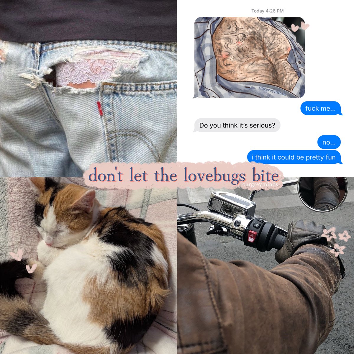 ourgreyminds's tweet photo. ˚｡⋆🎀 don’t let the lovebugs bite 🎀 ⋆ ˚｡
a #hucklerobby texting au 

. ݁₊ ⊹ . ݁˖ . ݁

robby accidentally sends dennis a picture of his chest thinking he’s asking jack about a bug bite, dennis sends a picture back https://t.co/bKmS9CQPPn
