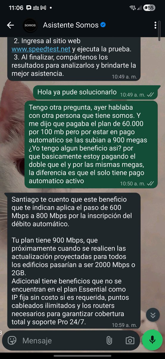 Santihero5's tweet photo. @somosinternetco Tengo un conocido que paga menos que yo y por ser débito automático le suben a las mismas megas que tengo contratadas, básicamente su plan es el mismo que el mio y paga menos.

Yo llevo 1 año y el menos de 1 año contratado, me indicaron que se subirían las megas https://t.co/6qmam9Z2vy