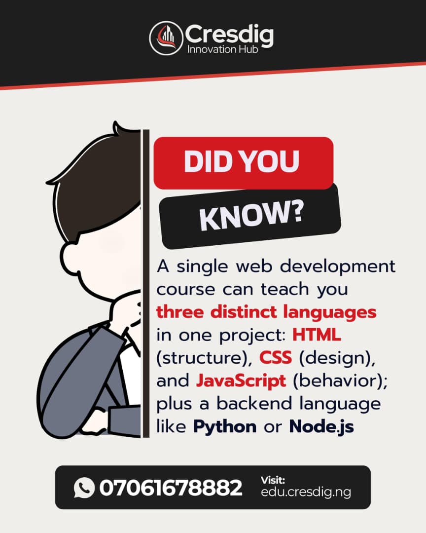 cresdig's tweet photo. Imagine learning HTML, CSS &amp; JavaScript in ONE course 👀
That’s structure, design &amp; interaction  all the skills behind modern websites 🚀

Start your tech journey today with Cresdig Innovation Hub 💻
📩 07061678882
🌐 https://t.co/FTP2AxnHAi
#CodeWithCresdig #LearnToCode https://t.co/B6LA3fbcXJ