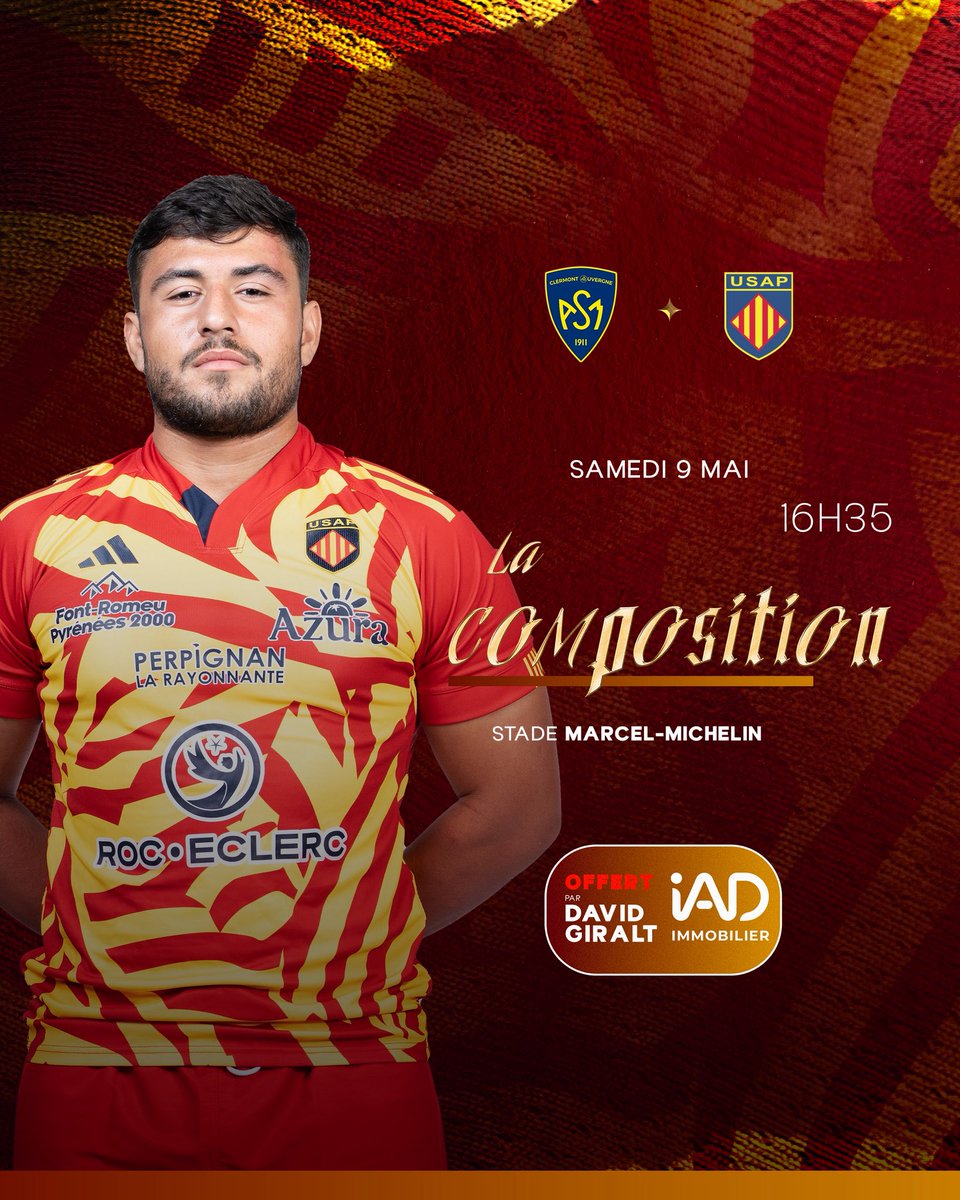 usap_officiel's tweet photo. 🥁𝗟𝗔 𝗖𝗢𝗠𝗣𝗢

Découvrez la composition pour cette vingt-troisième journée de Top14 offerte par notre partenaire David Giralt Iad France 🔥

🏉 Top14 - J23 💊 L’USAP se déplace à l’ASM 
⏰ Samedi 9 mai - 16h35 🏟️ Stade Marcel-Michelin - Clermont Ferrand

Tous derrière l’USAP 📣

#le5eelement