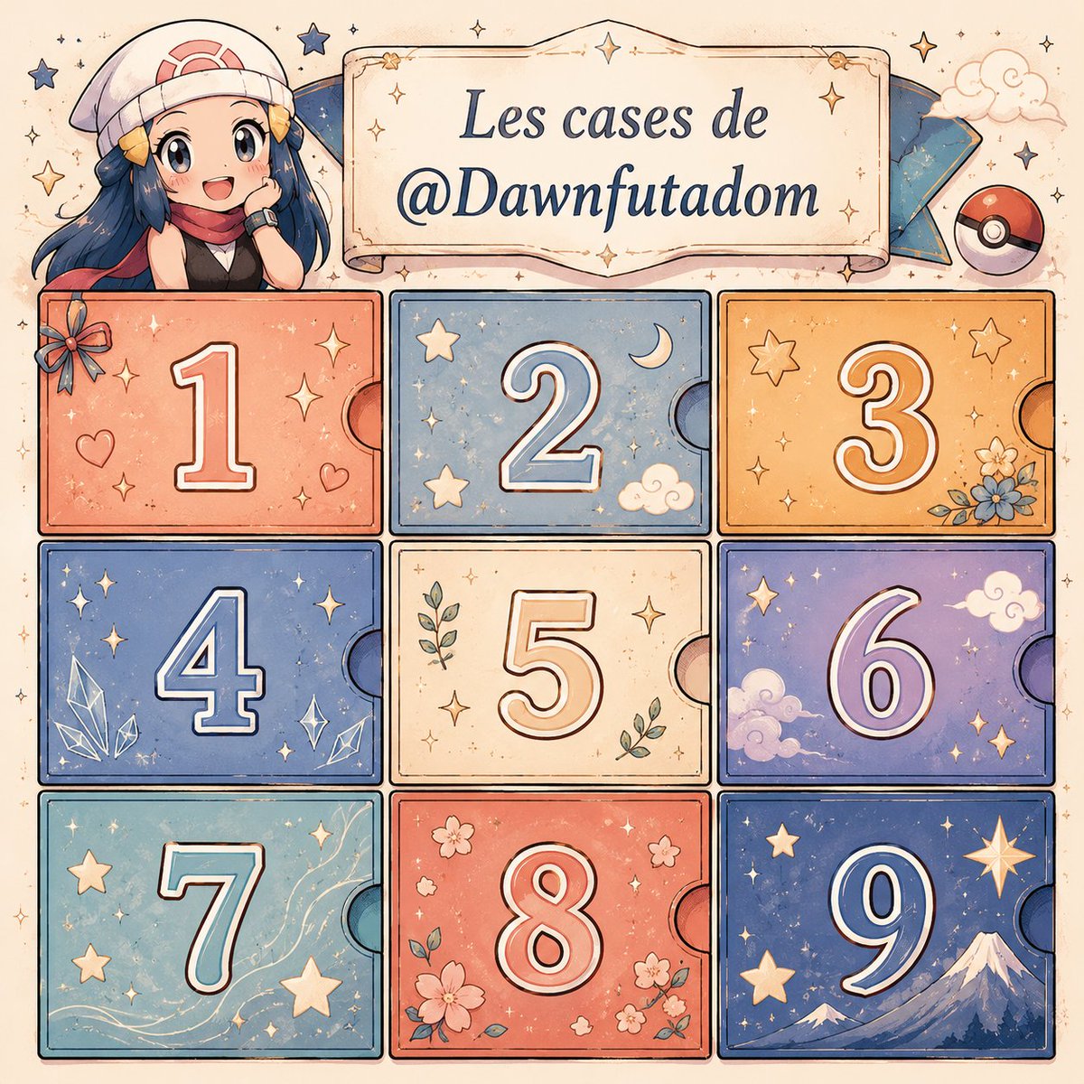dawnfutadom's tweet photo. Bonjour à tous ! Aujourd'hui je vous invite à jouer avec les cases de Dawn.
Vous retweetez, vous likez et en réponse vous choissisez un numéro entre 1 et 9 et je viens dm vous montrer votre récompense 😌
Attention 2 cases sont piégées
Amusez vous bien 💙🫰🏼🔞
❤️+🔃 https://t.co/0e7ZUAsMcU