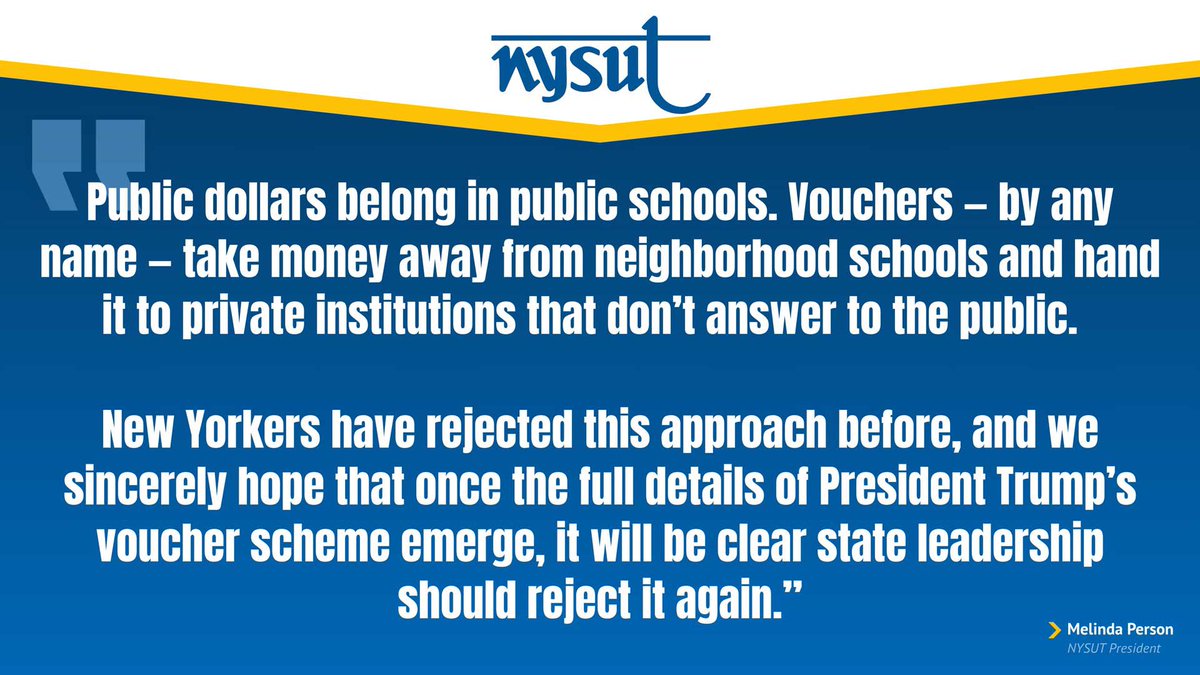 nysut's tweet photo. NYSUT President @MelindaJPerson has released a statement in response to  reports of New York’s participation in President Trump’s voucher scheme.

To learn more, please visit: https://t.co/6Dy2dtxHAm https://t.co/BWrby9Sb2l