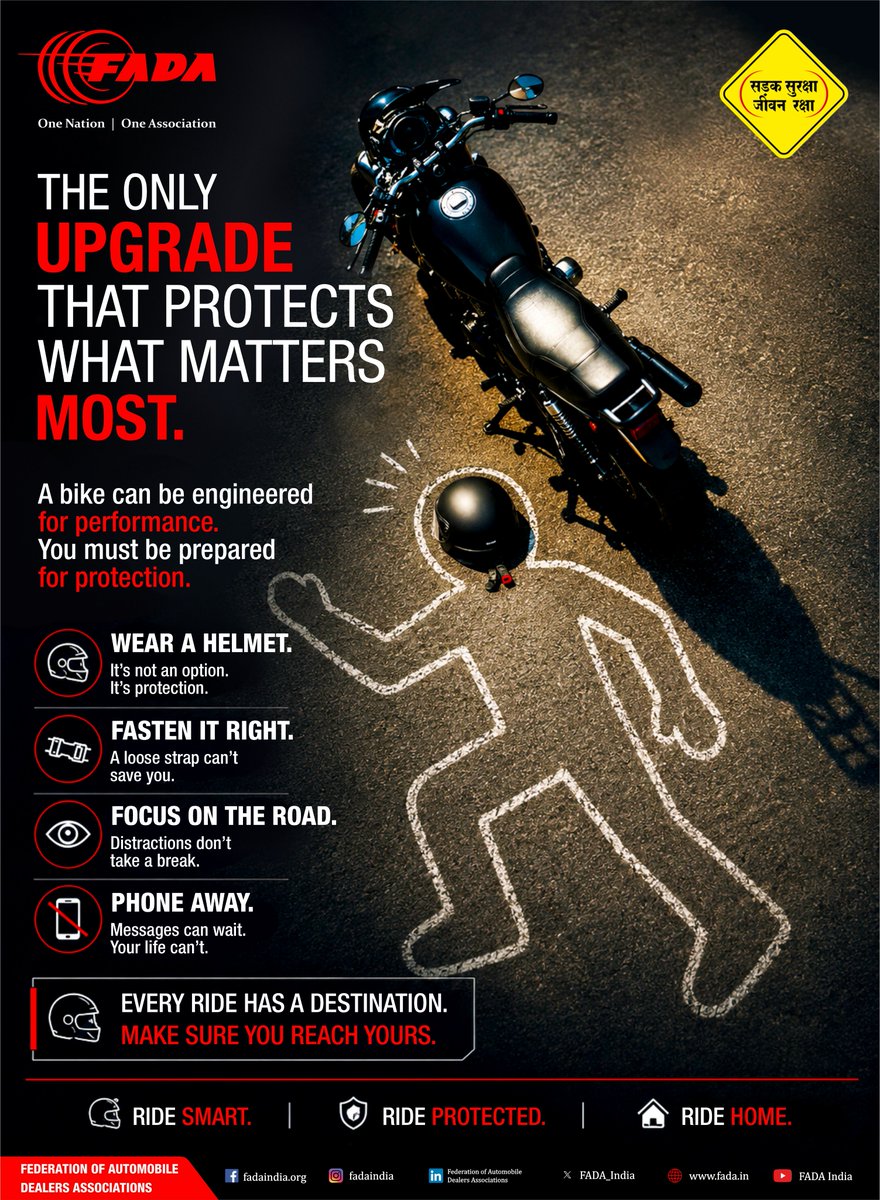 FADA_India's tweet photo. Road safety begins with individual responsibility.

Whether it's a short commute or a long journey, wearing a helmet, fastening it correctly &amp; staying focused on the road can save lives.

Let's commit to safer roads and safer riding habits.

Ride Smart. Ride Protected. Ride Home. https://t.co/JBt1Qfiu51
