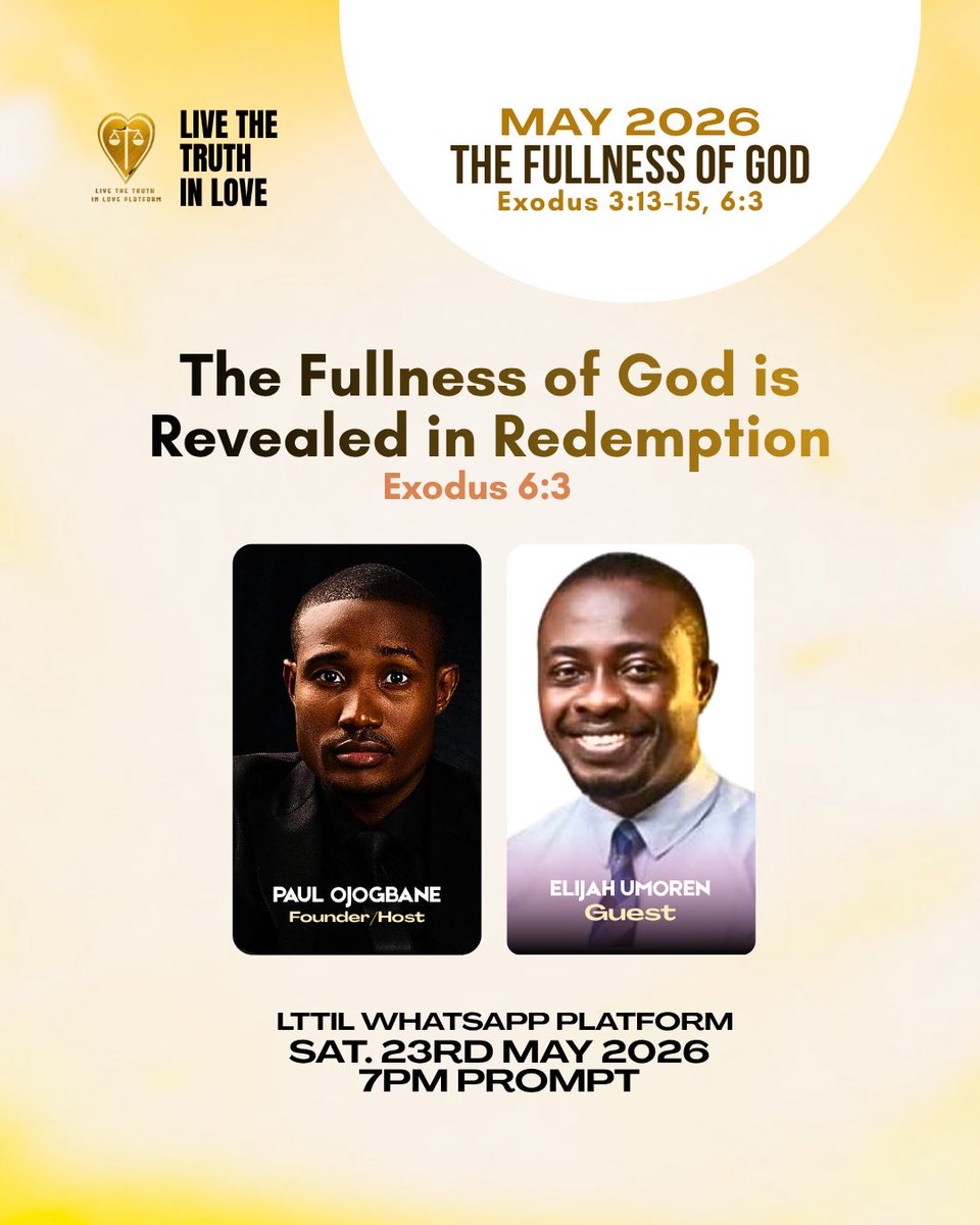 LiveTruthInLove's tweet photo. Tonight on LTTIL ⚖️♥️

We're blessed to have Pastor Elijah Umoren speak to us on:

The Fullness of God is Revealed in Redemption.

Exodus 6:3, Colossians 1:15-23, Hebrews 1:1-3

The time is 7pm! Join us! 🙏😇 https://t.co/uEQ2SVIMaS