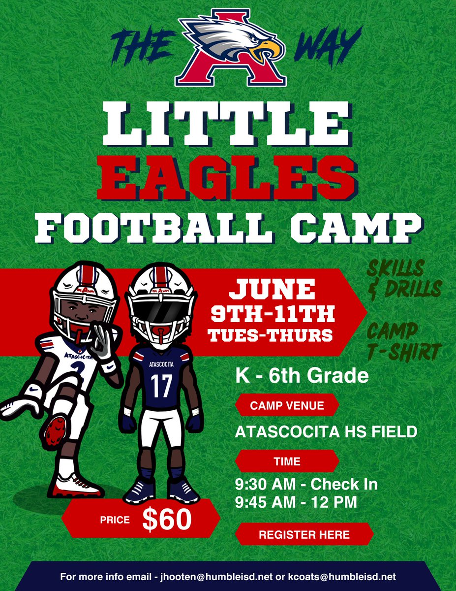 ATASCOCITA_FB's tweet photo. LITTLE EAGLES CAMP IS RIGHT AROUND THE CORNER! GET SIGNED UP TODAY!

https://t.co/Sj5cwZuWu5 https://t.co/QFm02ixA8Y