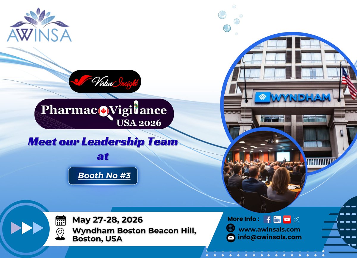 AWINSALS's tweet photo. Meet our Leadership Team at Pharmacovigilance USA 2026, Virtue Insight Conference Boston, 27 – 28 May 2026 at booth #3, Wyndham Boston Beacon Hill, Boston, USA, to learn more about our Pharmacovigilance, Clinical Safety, Medical Writing, and Medical Information services. https://t.co/PFkxo1FIhd