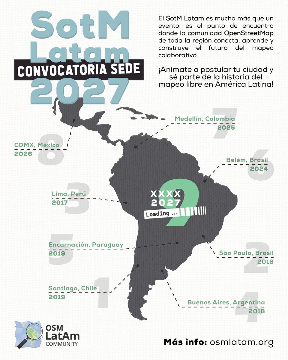 OSMLatam's tweet photo. ¡Atención, comunidad OSM Latam!

Se abre la convocatoria a sede del SotM  Latam 2027 

¡Sé parte de la historia de la Comunidad OSM Latam!

Más info: https://t.co/gSIeQVAdz9

#OpenStreetMap
#OSMLatam
#SotM
#SotMLatam2027 https://t.co/wOKGzUunN7