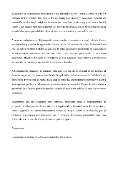 EcEnDirecto's tweet photo. #URGENTE
La comunidad de #exalumnos de la Universidad de los #Hemisferios manifestó su #inconformidad debido a las respuestas recibidas en relación a la #titulación de la primera dama, Lavinia Valbonesi y cuestionó la ausencia de información sobre los criterios #académicos empleados en el proceso. También, demandó la remoción del rector Daniel López y del decano Juan David Bernal, la desvinculación de Alicia Urgellés y la suspensión indeterminada del mecanismo de Validación de Trayectoria Profesional.
