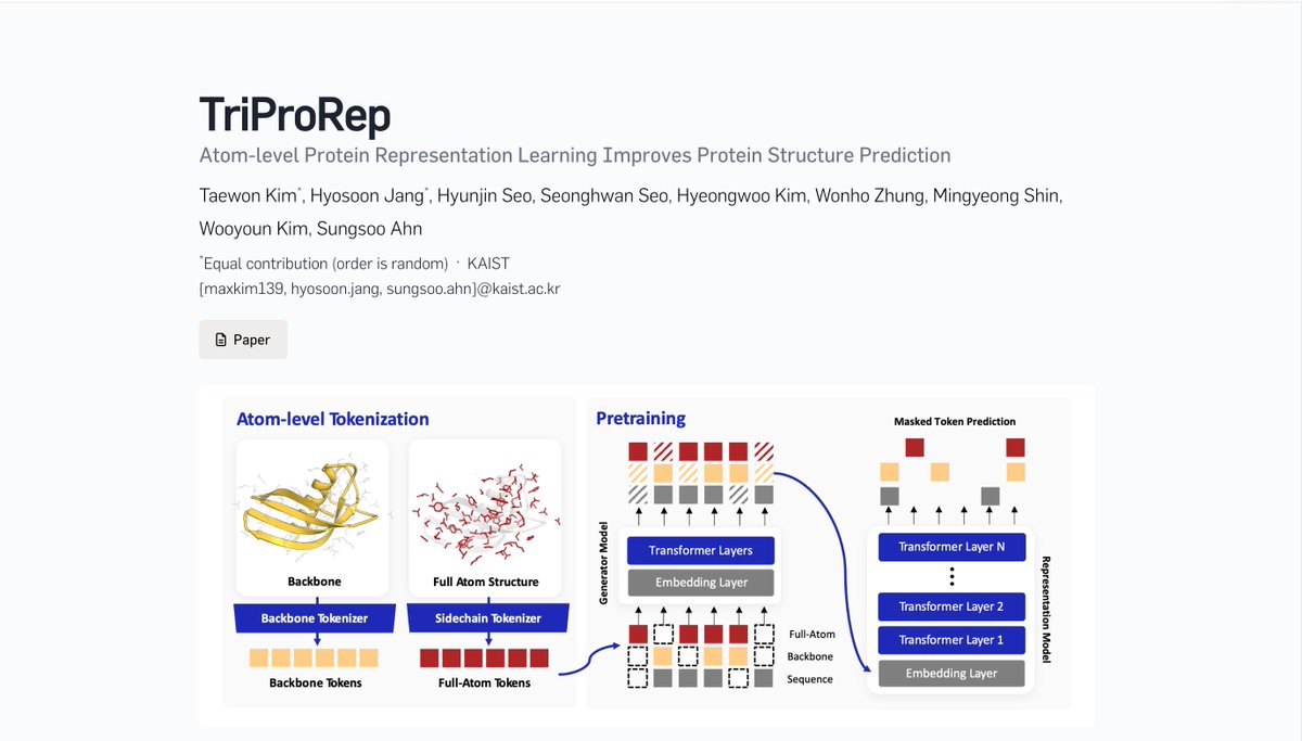 taewonKKK's tweet photo. What should a structure-aware protein representation be good at?

It should provide geometric signals that structure models can use.

We introduce:
1️⃣ TriProRep: atom-level protein representations
2️⃣ REPSP: a structure-predictive benchmark

https://t.co/pFv2AdLkuM 👇 (1/9) https://t.co/cFvOraTI3k