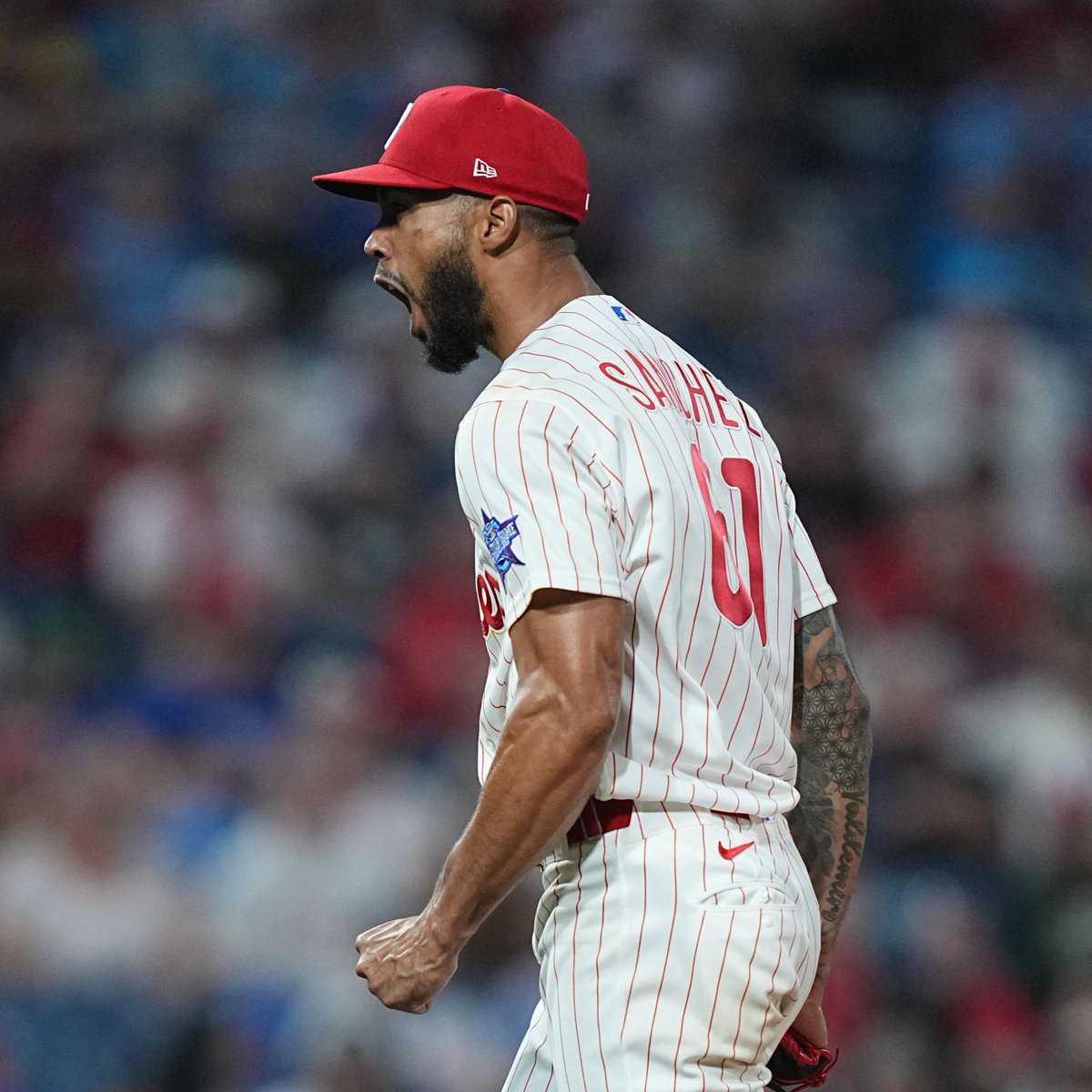 FanDuel's tweet photo. Cristopher Sanchez in May:

🔴 32.0 IP
🔴 0 ER
🔴 36 K
🔴 3 BB
🔴 0.00 ERA

#RingTheBell