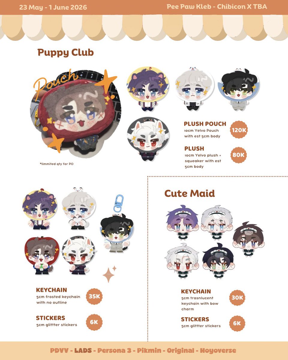 mawcens_'s tweet photo. ⋆୨୧˚. 🧡 &amp; 🔄 are appreciated! 

#cf22 Aftersale + #ChibiconX PO 
⋆ 23 May - 1 June 2026
⋆ Pee Paw Kleb - TBA
⋆ Pandavva, LADS, Persona 3, Pikmin, Original, ZZZ, Genshin, HSR

GOs please DM first! 
🔗 Link form below https://t.co/FMiCbKi8FD