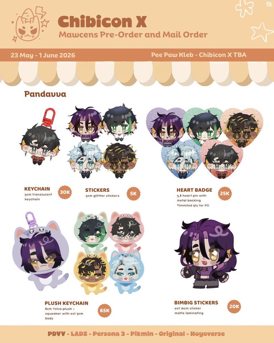 mawcens_'s tweet photo. ⋆୨୧˚. 🧡 &amp; 🔄 are appreciated! 

#cf22 Aftersale + #ChibiconX PO 
⋆ 23 May - 1 June 2026
⋆ Pee Paw Kleb - TBA
⋆ Pandavva, LADS, Persona 3, Pikmin, Original, ZZZ, Genshin, HSR

GOs please DM first! 
🔗 Link form below https://t.co/FMiCbKi8FD