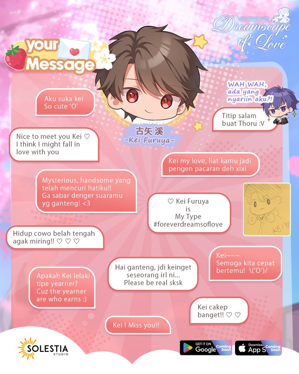 DreamscapeID's tweet photo. Hi Mina-sann, ga kerasa udah seminggu sejak pertemuan kita di Comifuro 22!

Nah sesuai janji, kita bakalan pilih beberapa pesan2 yg udah kalian tempel di setiap karakter, &amp; ini untuk Kei Furuya!

#DreamscapeOfLove #SolestiaStudio #Comifuro22 #CF22 #KeiFuruya https://t.co/76tchryhmZ
