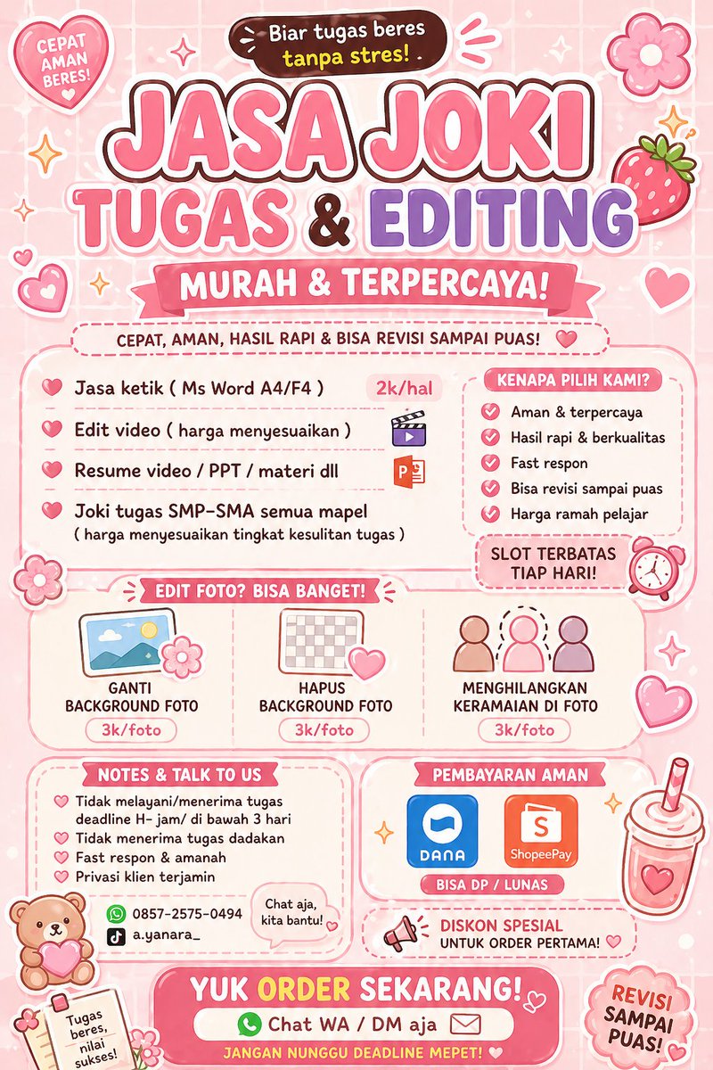 prttylittlebby's tweet photo. yg lagi butuhh joki tugas dan jasa editing bisa order di aku yaaa, dijamin murah meriah 
.
.
.
testi? buruan order udah banyak yg repeat order lohh 🤩 
https://t.co/HjzkHsoPnx
yuuk order disini👇🏻
https://t.co/NUZqgiX1us
#zonauang #zonauang #jasajoki https://t.co/Gnuh5lKeaC