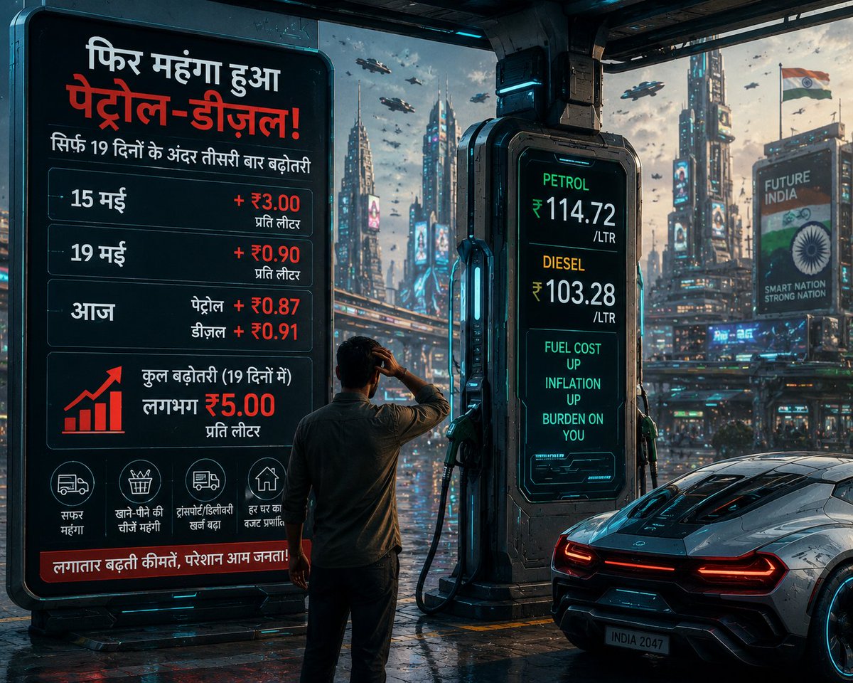 ThePublicLoop's tweet photo. भारत में पेट्रोल-डीज़ल के दाम फिर बढ़ गए — सिर्फ 19 दिनों के अंदर तीसरी बार बढ़ोतरी।

• 15 मई: ₹3 प्रति लीटर बढ़ोतरी
• 19 मई: करीब 90 पैसे की बढ़ोतरी
• आज फिर: पेट्रोल ₹0.87 और डीज़ल ₹0.91 प्रति लीटर महंगा

यानी कुल मिलाकर 10 दिनों से भी कम समय में पेट्रोल-डीज़ल लगभग ₹5... https://t.co/Xpdy86yCWd