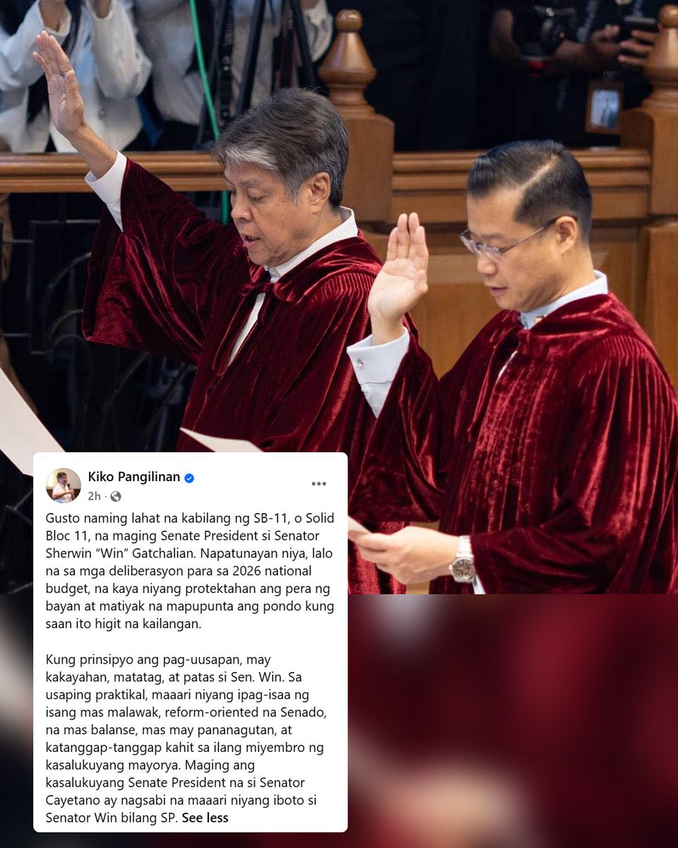 News5PH's tweet photo. SEN. GATCHALIAN FOR SENATE PRESIDENT?

Nagpahayag ng suporta si Sen. Kiko Pangilinan kay Sen. Win Gatchalian na maging susunod na Senate President. Suportado raw nila ito sa SB-11 o "Solid Bloc 11" sa Senado.

Pagbibida pa ni Pangilinan, maging ang kasalukuyang Senate President na si Sen. Alan Peter Cayetano ay nagsabi umanong maaari niyang iboto si Gatchalian bilang SP.

"Napatunayan niya, lalo na sa mga deliberasyon para sa 2026 national budget, na kaya niyang protektahan ang pera ng bayan at matiyak na mapupunta ang pondo kung saan ito higit na kailangan."