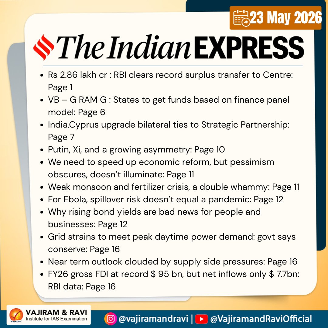 VajiramRavi's tweet photo. #ToBeReadVajiram in The Hindu and The Indian Express- 23/5/2026
(Delhi edition e-paper)

#ToBeRead #TheHindu #TheIndianExpress #CurrentAffairs #UPSCPreparation #DailyNews #Epaper #StudyMaterial https://t.co/v6hv5JrgX3
