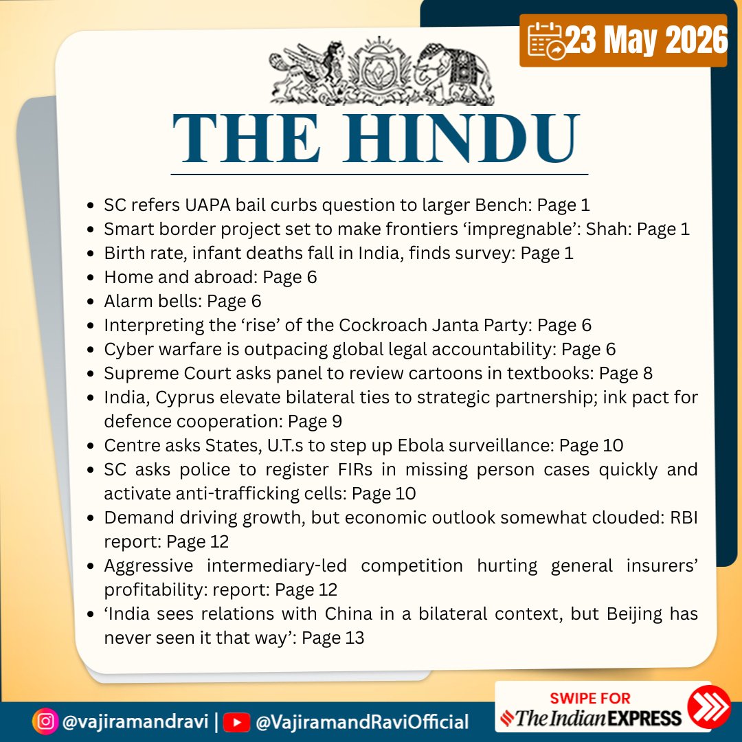 VajiramRavi's tweet photo. #ToBeReadVajiram in The Hindu and The Indian Express- 23/5/2026
(Delhi edition e-paper)

#ToBeRead #TheHindu #TheIndianExpress #CurrentAffairs #UPSCPreparation #DailyNews #Epaper #StudyMaterial https://t.co/v6hv5JrgX3