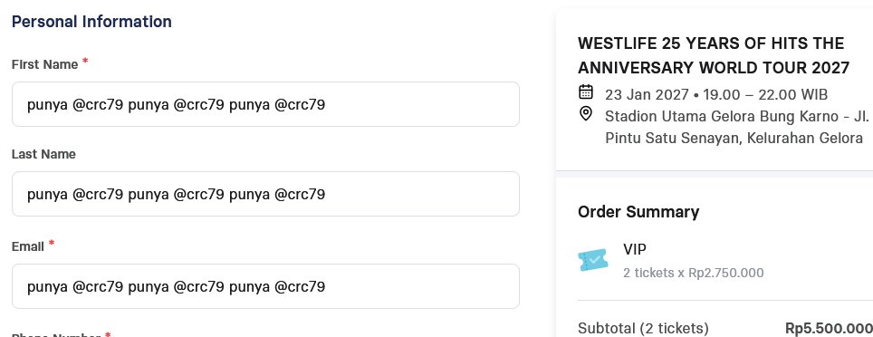CRC79's tweet photo. WESTLIFE 25: THE ANNIVERSARY WORLD TOUR - Live in Jakarta

2 tix, VIP tinggal isi data
fee 100k/tix

bayar fee di akhir, self payment

wts wtb tiket vip cat 1 2 3 4 5 6 a b jkt jastip jaswar joki war
#WestlifeStadiumShowJKT #Westlife25JKT #Westlife25thAnniversaryTour https://t.co/G4YB68J28E