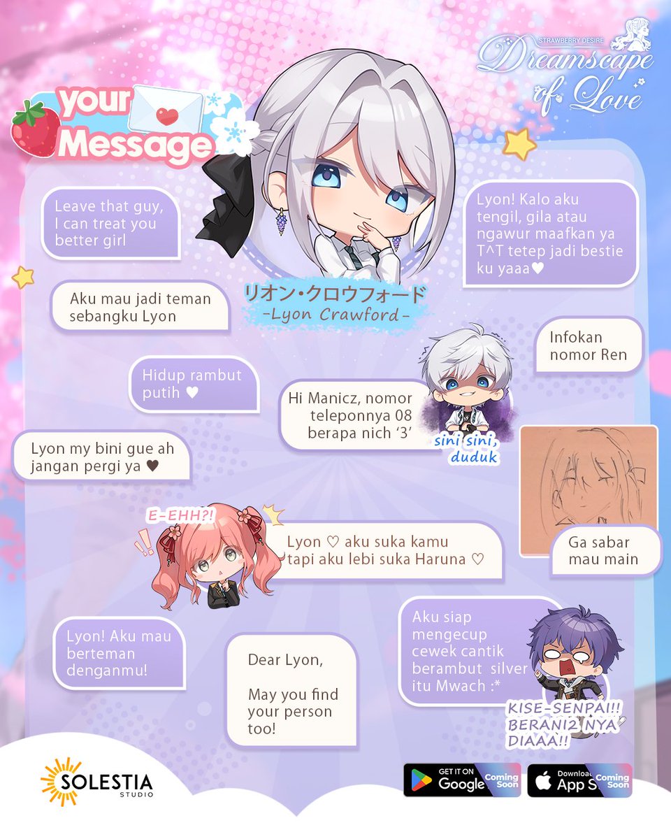 DreamscapeID's tweet photo. Hi Mina-sann, ga kerasa udah seminggu setelah pertemuan kita di Comifuro 22!

Nah, sesuai janji kita bakalan pilih beberapa pesan2 yg udah kalian tempel di setiap karakter, &amp; ini untuk Lyon Crawford!

#DreamscapeOfLove #SolestiaStudio #Comifuro22 #CF22 #LyonCrawford https://t.co/Bbt8ItkGvq