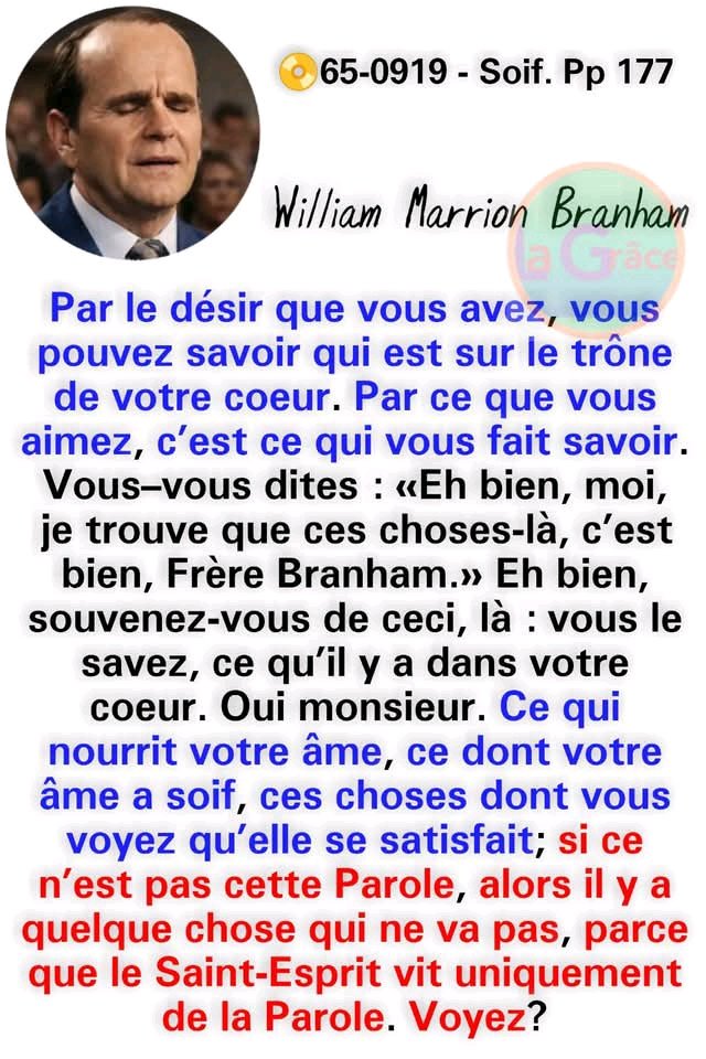 MatindaDavid's tweet photo. "Par le désir que vous avez, vous pouvez savoir qui est sur le trône de votre coeur. Par ce que vous aimez, c’est ce qui vous fait savoir. Vous–vous dites : «Eh bien, moi, je trouve que ces choses-là, c’est bien, Frère Branham.» Eh bien, souvenez-vous de ceci, là : vous le savez https://t.co/nWyJ5m3J0Y