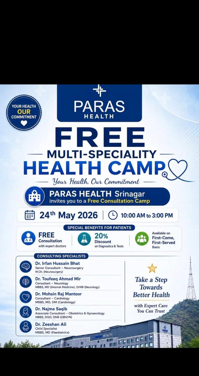 ReyaaInjeel's tweet photo. Multi-Speciality 
Health Camp
#ParasHealthSrinagar# https://t.co/F2pU5od3pm