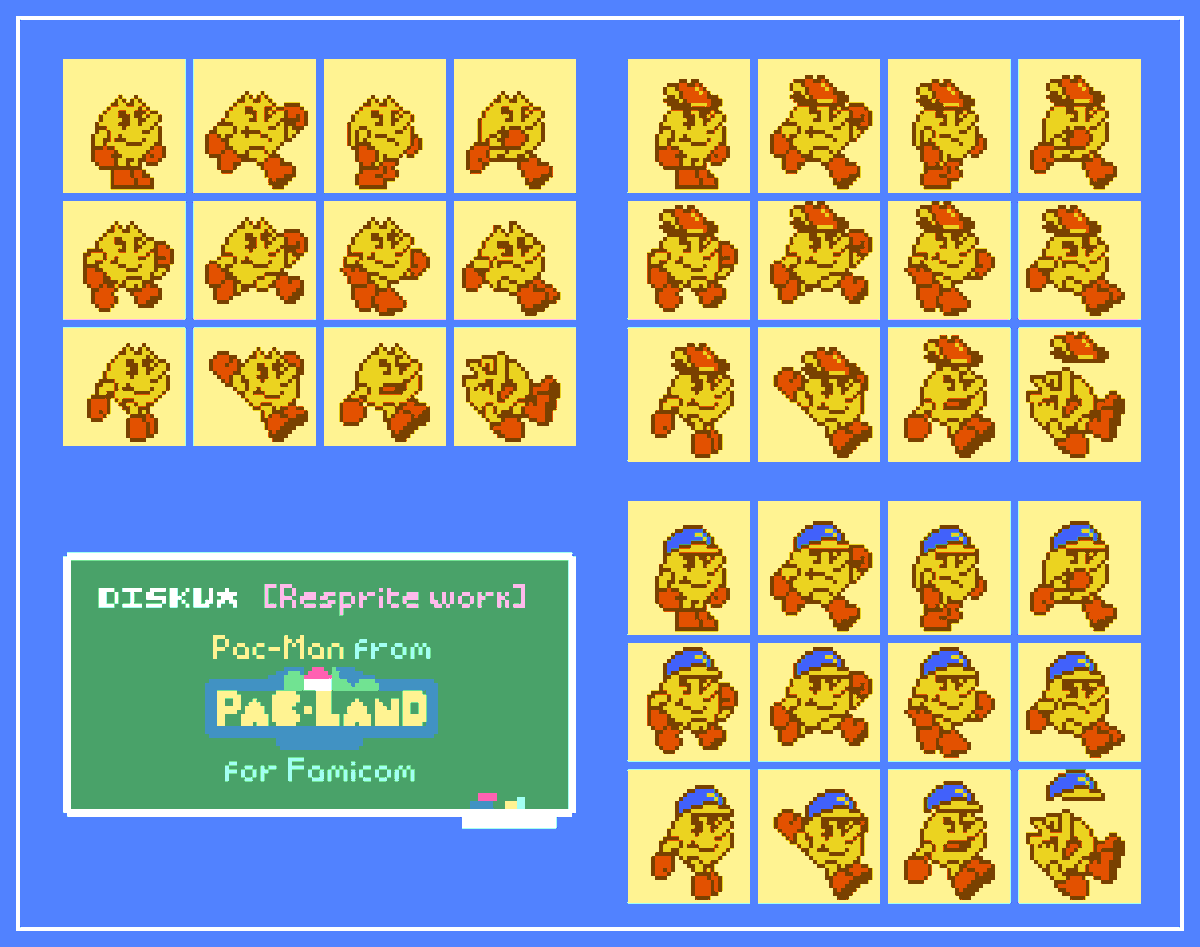 DiskuNB's tweet photo. Trabajo pasado que realicé sobre Pac-Man, rehaciendo sus sprites de la versión de Famicom de Pac-Land
#PacMan #Pixelart #PacManDay https://t.co/Hj1odUOjo4