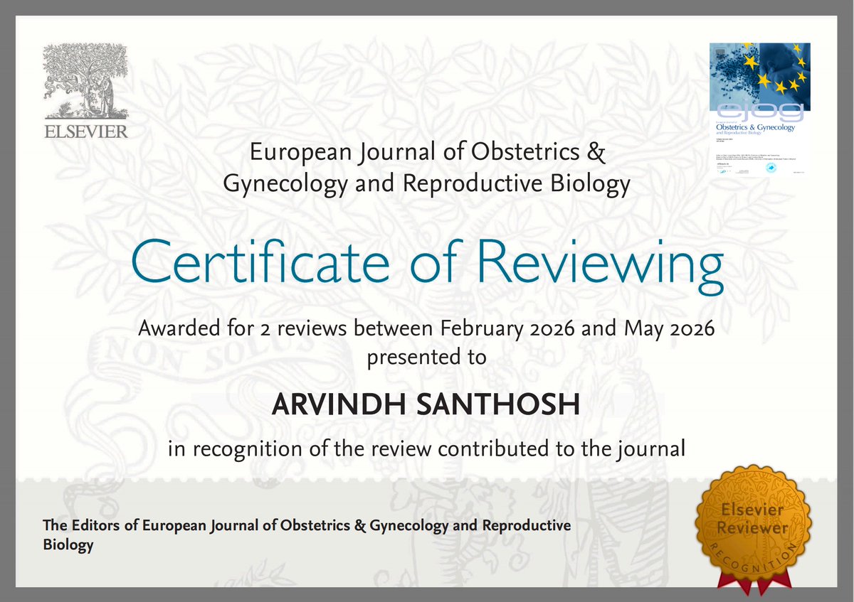 TheGuynec's tweet photo. Grateful to the European Journal of Obstetrics &amp; Gynecology and Reproductive Biology for this recognition in peer reviewing.
A privilege to contribute to the process that helps improve scientific quality and evidence-based medicine.
#PeerReview #Research #AcademicMedicine https://t.co/0sK6qyd3HX