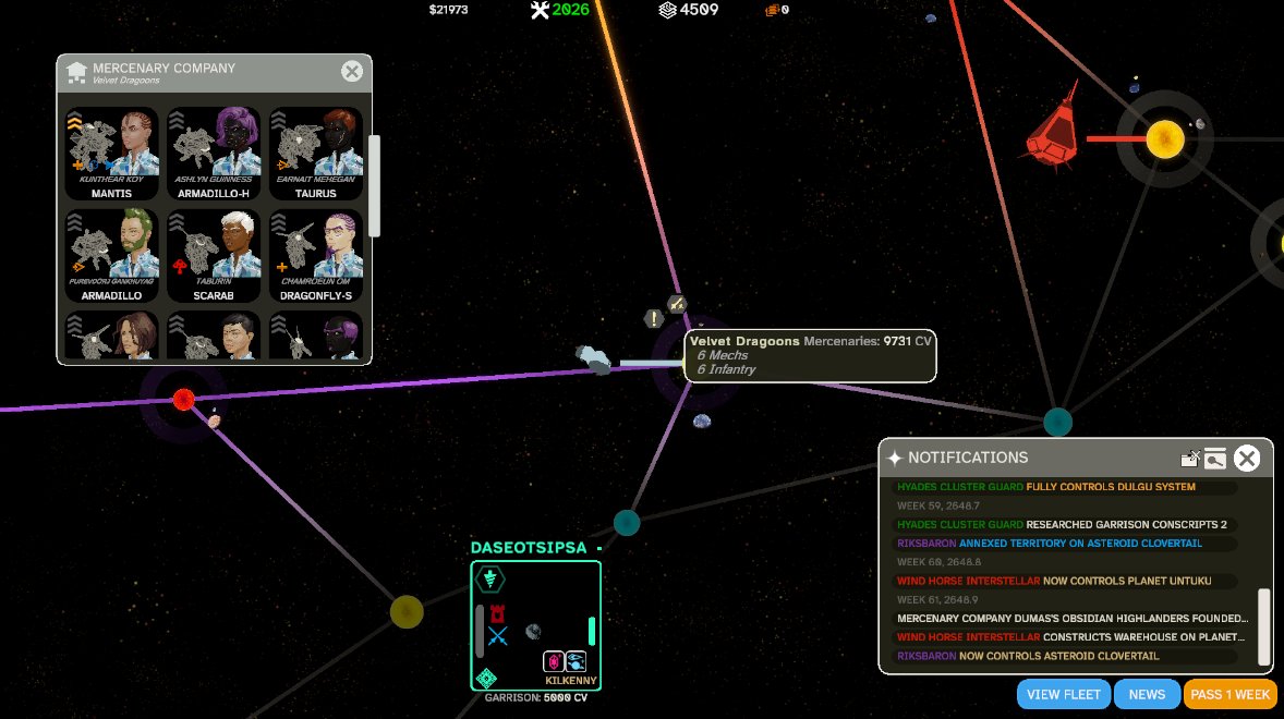 PillBugGames's tweet photo. Making progress adding mercenary companies to Drop Command. Still a lot of work left to get them functional, but I am pretty happy with how much extra life they bring to the star cluster. #indiegames #indiegamedev https://t.co/WDetiBeRaC