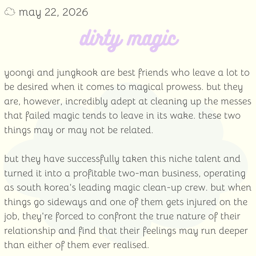 bedtimebangtan's tweet photo. 05/22

dirty magic is from the @ynkkfantasyfest by agustjrg (wintersolos) / @agustjrg - read it here: https://t.co/MoizzmRyby 

remember to check those tags before reading and leave a kudos/comment to show your love 💜 https://t.co/jUjKtH84cP