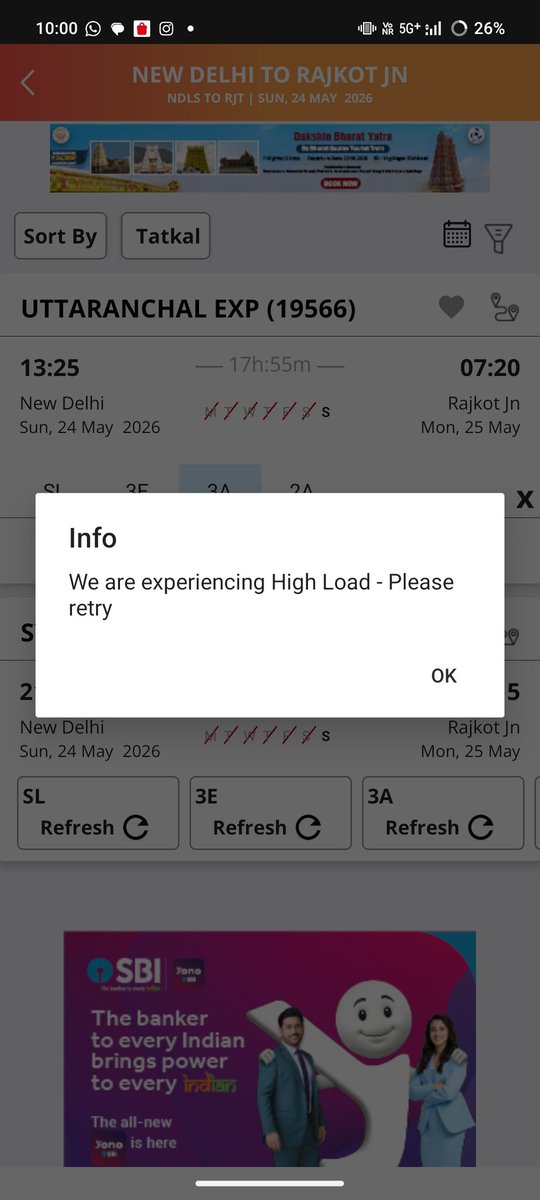 dharmik_detox's tweet photo. @RailMinIndia @AshwiniVaishnaw @PMOIndia I tried booking a tatkal ticket today for the first time after @AshwiniVaishnaw Ji's assurance that fir 15-20 minutes will be not available for agents and "dalals" in tatkal time window and normal passengers will be able to book their tickets. 
I never wanted to get into the frustration of booking a tatkal ticket and worry about the rampant corruption but it was necessary because I was doing for someone else.

I have added screenshots with timestamps for you to see that system was facing high load only until all available seats were booked. Sad state of affairs.