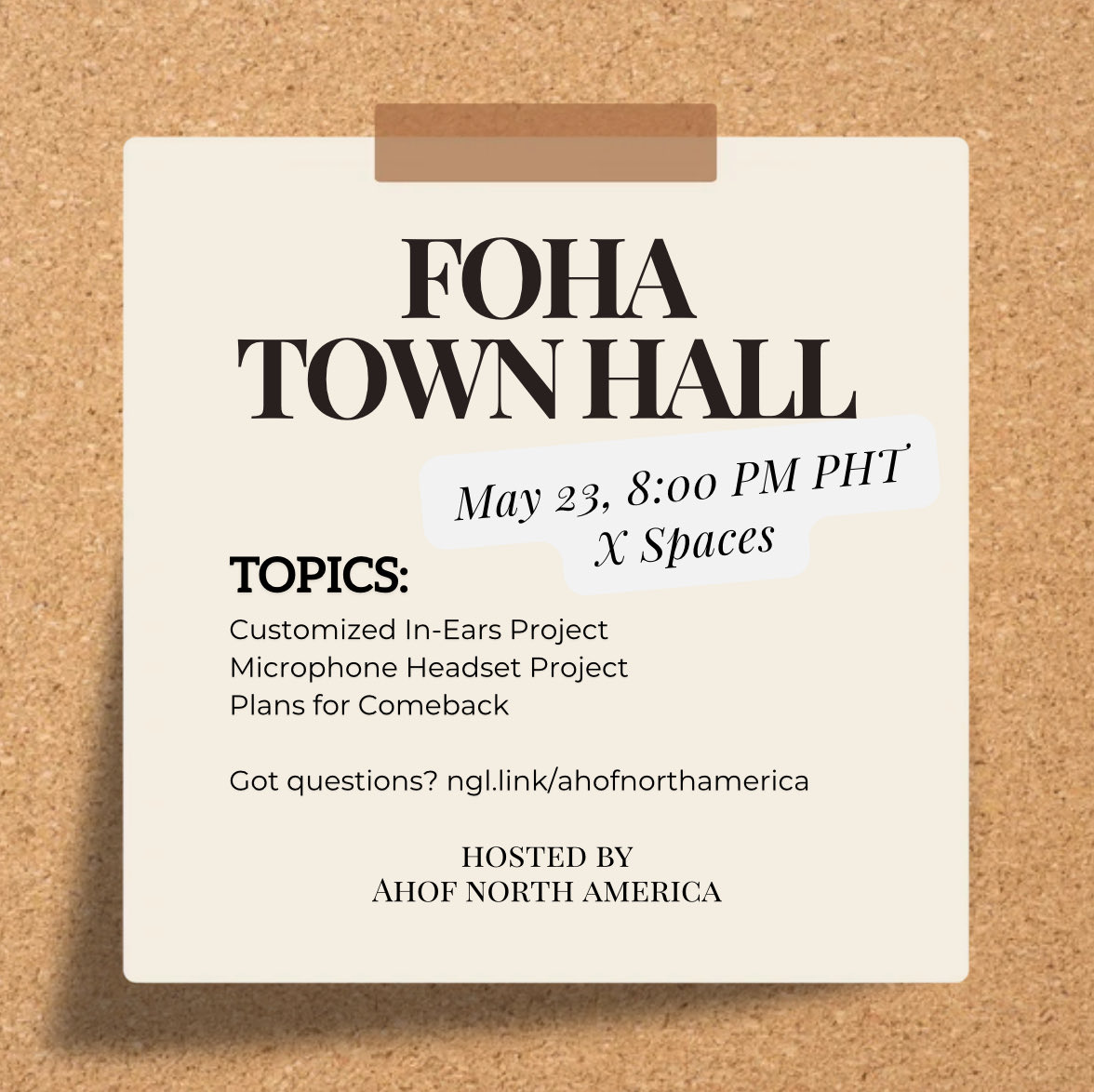 AHOF_N_America's tweet photo. Hello, FOHAs! It’s time to celebrate 🎉

Together with AHOF's fanbases, join us tonight at 8PM PHT as we officially close the two major projects completed by the fandom for our beloved AHOF. We will also discuss a little bit the plans for the upcoming comeback. We would like to sincerely thank everyone for the incredible support, love, and trust you have given throughout these projects. 

📢 We are also aware of the conversations circulating regarding the CIEM and Mic Headset projects, and we would like to take this opportunity to clarify a few things as well.

If you have any questions, feel free to leave a comment below, send us an email at ahofna@gmail.com, or message us through our NGL at https://t.co/Xo4fljClHa. We will try our best to respond to all of your questions. Shoutouts and appreciation posts are welcome too! 😉

 #아홉 #AHOF
@AHOF_official