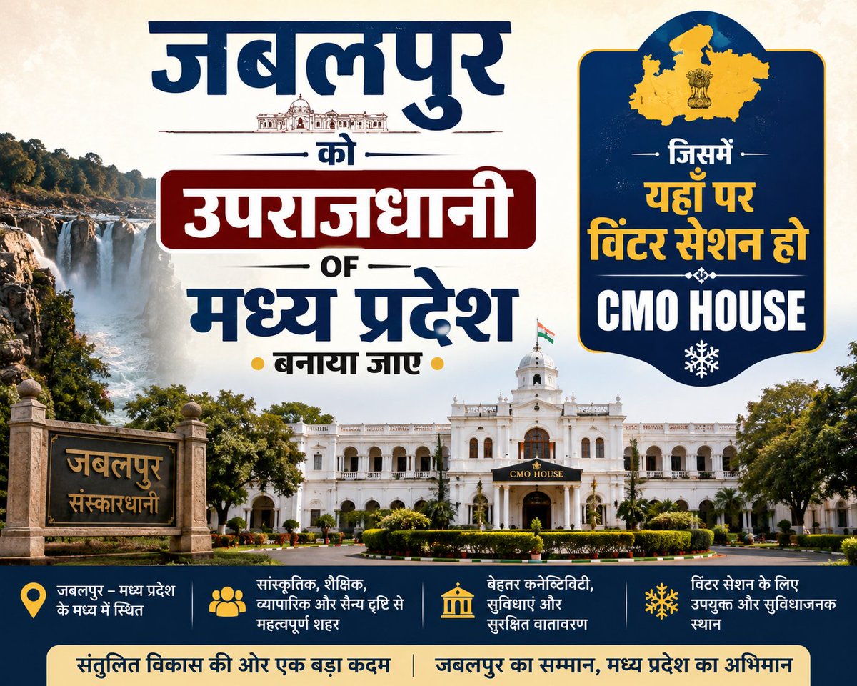 JbpVoice18608's tweet photo. जबलपुर को मिले उपराजधानी का सम्मान —
विंटर सेशन और CMO हाउस बने हमारी पहचान! @DrMohanYadav51 @CMMadhyaPradesh @JagdishDevdaBJP @MPRakeshSingh @VTankha @BJP4MP @mpashishdubey @Lakhan_JBP @Ashokrohanibjp @AjayVishnoiBJP @prahladspatel @BJP4JabalpurMP @JagatAnnu #Jabalpur #jbp https://t.co/NJm805t9Jf