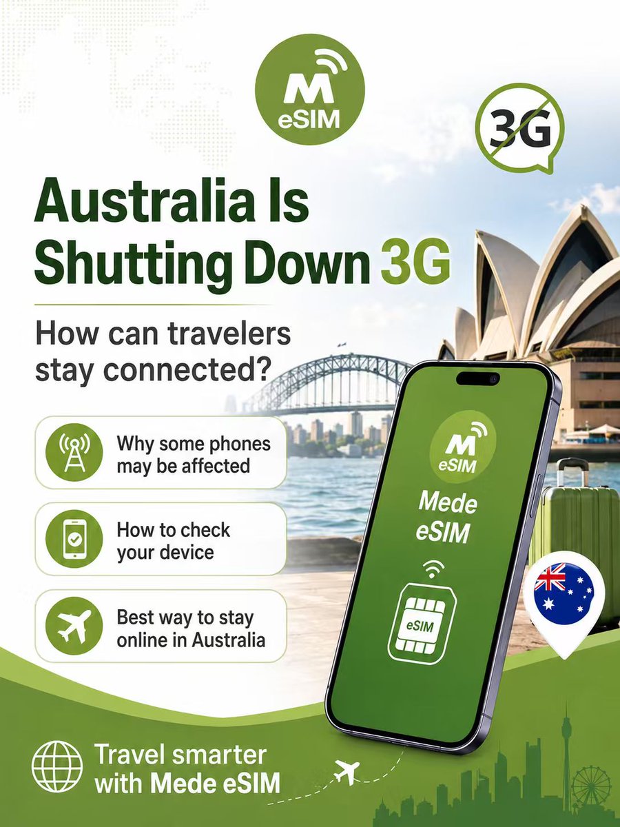 Mede_eSIM's tweet photo. Australia is shutting down 3G,how can travelersstay connected #esim #medeesim #smartphone #teach https://t.co/OuxvlxShcJ