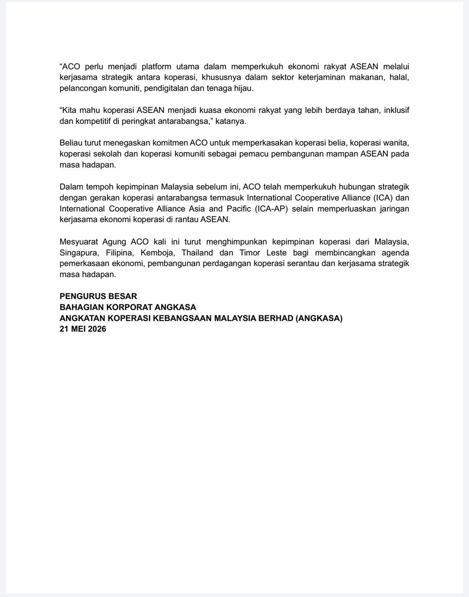 ANGKASACoop's tweet photo. 𝐒𝐈𝐀𝐑𝐀𝐍 𝐌𝐄𝐃𝐈𝐀 
𝐏𝐑𝐄𝐒𝐈𝐃𝐄𝐍 𝐀𝐍𝐆𝐊𝐀𝐒𝐀 𝐃𝐈𝐏𝐈𝐋𝐈𝐇 𝐒𝐄𝐌𝐔𝐋𝐀 𝐒𝐄𝐁𝐔𝐋𝐀𝐓 𝐒𝐔𝐀𝐑𝐀 𝐒𝐄𝐁𝐀𝐆𝐀𝐈 𝐏𝐑𝐄𝐒𝐈𝐃𝐄𝐍 𝐀𝐒𝐄𝐀𝐍 𝐂𝐎-𝐎𝐏𝐄𝐑𝐀𝐓𝐈𝐕𝐄 𝐎𝐑𝐆𝐀𝐍𝐈𝐙𝐀𝐓𝐈𝐎𝐍 (𝐀𝐂𝐎) 𝐁𝐀𝐆𝐈 𝐏𝐄𝐍𝐆𝐆𝐀𝐋 𝟐𝟎𝟐𝟔-𝟐𝟎𝟑𝟎

https://t.co/0agcfravAK https://t.co/23ZP3HfsPD