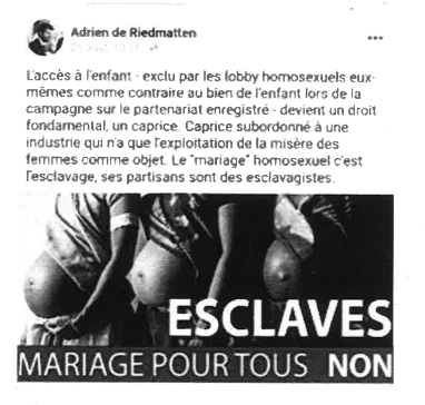 AdeRiedmatten's tweet photo. J'ai été dénoncé au Ministère public, mis sous mandat d'arrêt, inscrit au Ripol, envoyé deux fois aux Urgences et torturé pendant 15 heures pour ce post Facebook contre la GPA à l'étranger (interdite par la Cst fédérale quand même) repris du communiqué de "Non à l’enfant-objet". https://t.co/6Gpd1fPlAx
