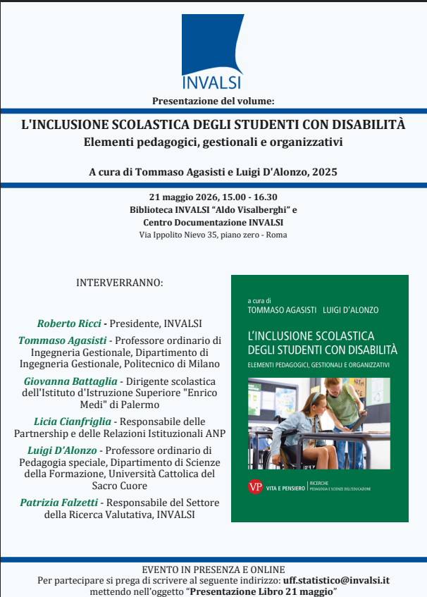 Invalsi_social's tweet photo. Oggi pomeriggio il Presidente @R_Ricci_INVALSI apre la presentazione del volume “L’inclusione scolastica degli studenti con disabilità” a cura di T. Agasisti e L. D’Alonzo presso la Biblioteca #INVALSI

Qui le info : https://t.co/OvH95bE8lI https://t.co/TDkhgTlpLb