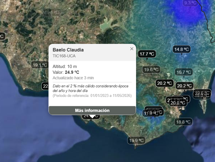MeteoCdG's tweet photo. Mostramos el percentil de la temperatura actual (según periodo de referencia mostrado en panel) para estaciones del Campo de Gibraltar y alrededores con datos desde 2023. 
⚠️Esta información solo se muestra si la temperatura está en el 10% más frío o más cálido https://t.co/CeoiHaozUN