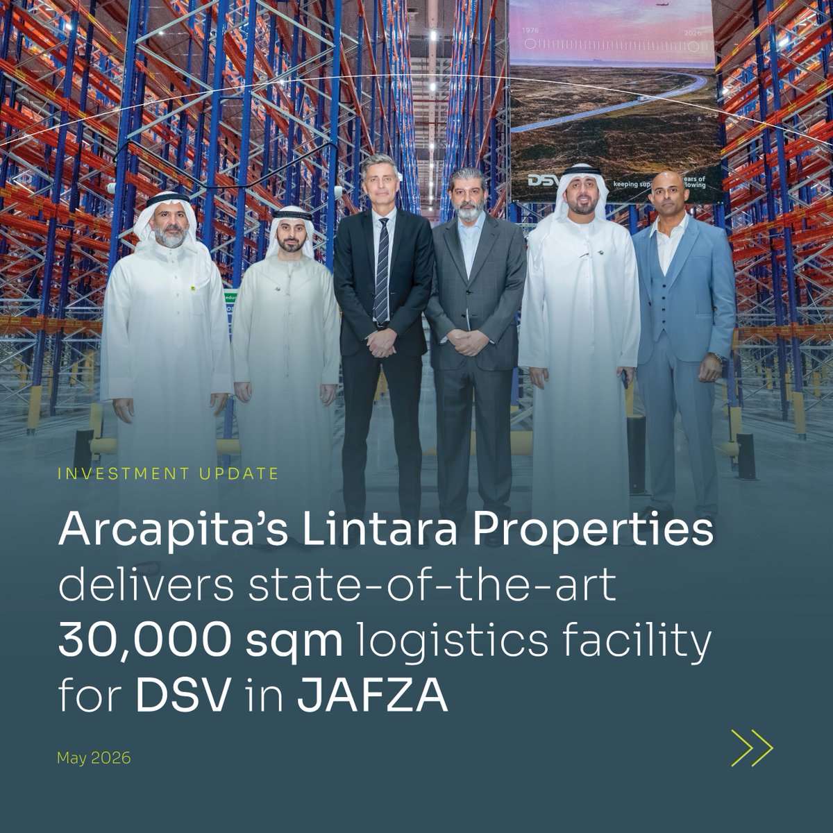 Arcapita's tweet photo. We are pleased to announce the completion of a new 30,000 sqm build-to-suit logistics facility for @DSV_global in Dubai’s Jebel Ali Free Zone, developed through Arcapita’s real estate platform, Lintara Properties.

Designed to the highest international standards, the facility strengthens DSV’s regional infrastructure while supporting the evolving needs of global supply chains through advanced, sustainable, and operationally efficient logistics solutions.

The project reflects our conviction in the long-term fundamentals of the industrial and logistics sector across the GCC.

Read the full announcement: https://t.co/Ljf1sLItY0