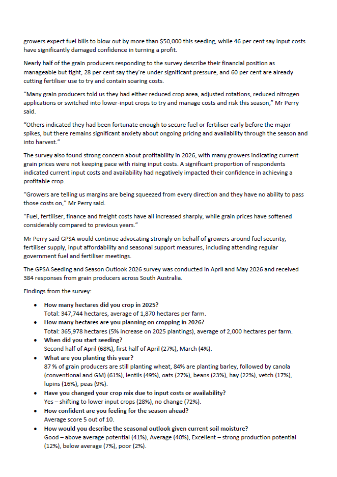 GrainProducerSA's tweet photo. MEDIA RELEASE: The high cost of inputs remains the biggest concern for South Australian grain producers heading into the 2026 season with confidence teetering, according to the latest GPSA ‘Seeding and Seasonal Outlook Survey’. Read our Media Release outlining the full breakdown of the survey results below: