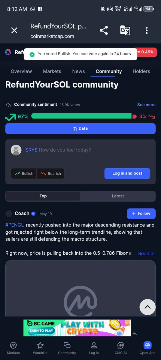 anonymousRYS's tweet photo. ๐ RefundYourSOL community is looking stronger than ever!
97% bullish sentiment with over 15K votes on CoinMarketCap ๐๐ฅ
The community confidence around $RYS keeps growing every single day.
#RefundYourSOL #RYS #Solana #CryptoCommunity https://t.co/7hCibyAZTU
