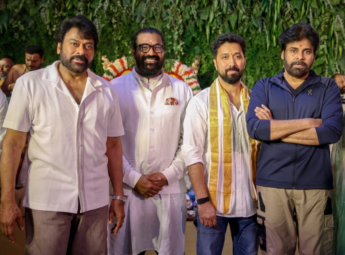 Chiru_FC's tweet photo. #Mega158 begins with Powerstar @PawanKalyan garu gracing the ceremony as chief guest💥

#ChiruBobby2 Shoot begins Tomorrow ✨

A @dirbobby film 🪓
Produced by #VenkatKNarayana

#AnaswaraRajan @MusicThaman @vijaykartikdop @AntonyLRuben @artkolla @LohithNK01 @saranyapotla https://t.co/tISOpAW2EX
