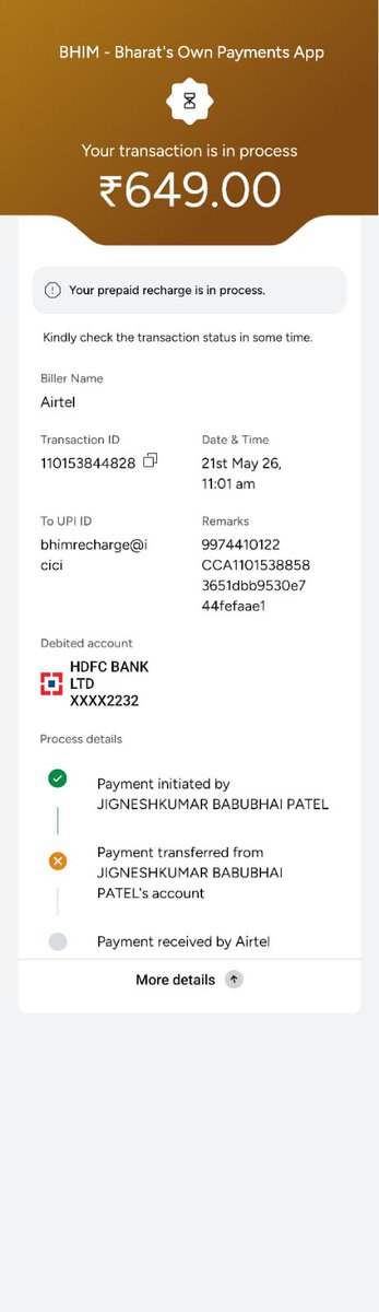 Mjtwist's tweet photo. @airtelindia @NPCI_BHIM still recharge is pending and amount is debited from account … do the needful ASAP !!! https://t.co/ll55XiavIJ