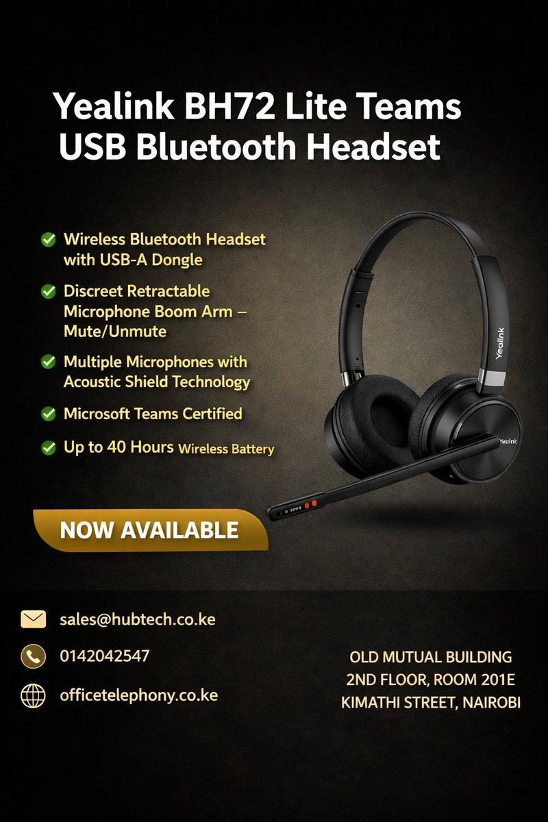 Techyshop2's tweet photo. Don’t let bad headsets ruin great conversations. Get yourself a Yealink BH72 Lite Teams USB Bluetooth Headset  and enjoy seemless conversations.  You can get it on https://t.co/wCBZRHZdO2
0142042547
sales@hubtech.co.ke https://t.co/hWgpMon0W9